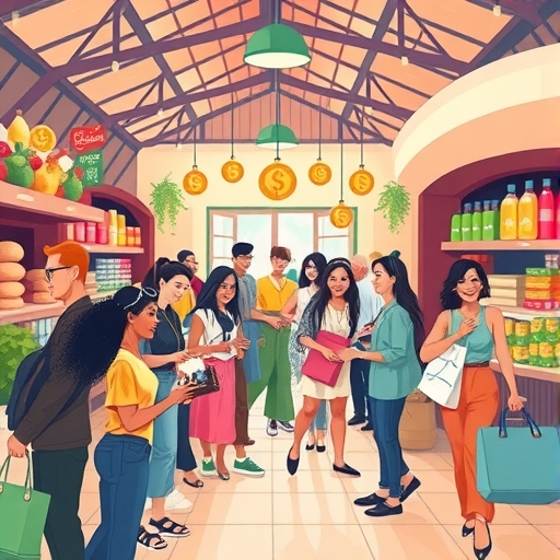 A vibrant illustration of a bustling marketplace scene with diverse people happily exchanging goods and services, with smart contract icons subtly integrated into the background, representing decentralized commerce and transparent transactions in a warm and inviting atmosphere