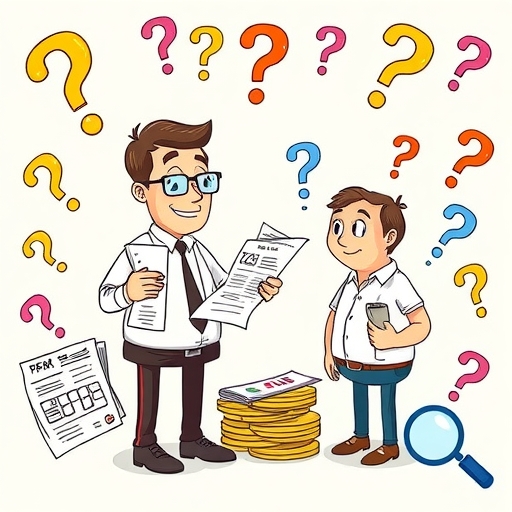 A whimsical illustration of a financial advisor character explaining complex tax forms and transaction logs to a curious investor surrounded by question marks and magnifying glasses emphasizing the tax complexity of DRIP