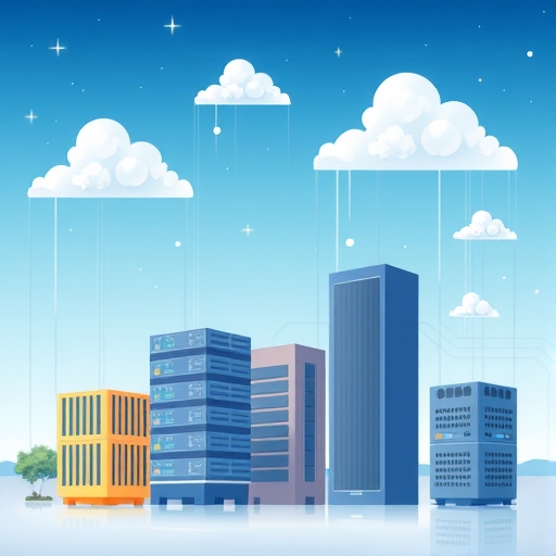 不同網站主機類型插圖，包含共享模組方塊、虛擬私人伺服器結構、專屬伺服器塔與動態雲端伺服器