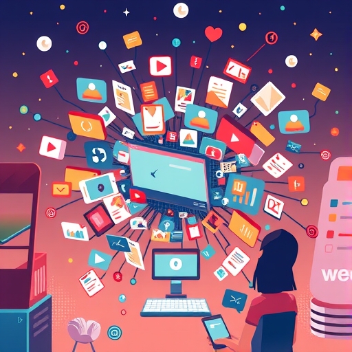 數位資產管理系統的中央數位樞紐，充滿圖片、影片和文件，展現有序存取與溫暖色調