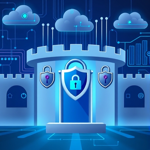 數位堡壘保護資料的插圖，象徵DAM系統的安全功能與存取控制，使用冷藍灰色調