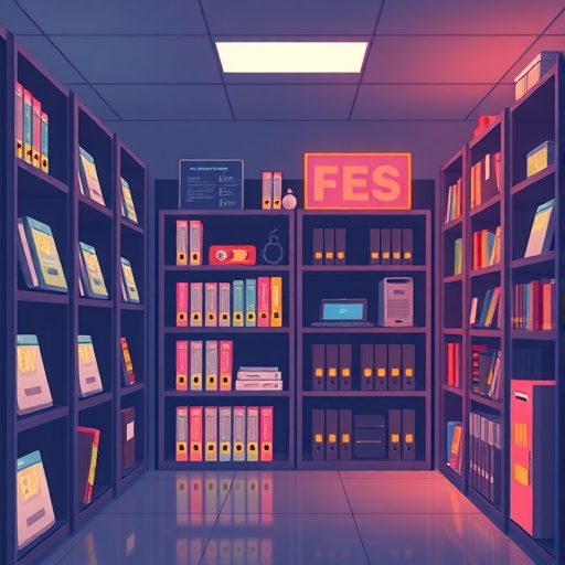 網站數位家園插圖，檔案整齊排列在伺服器房間的架子上，柔和燈光照亮空間