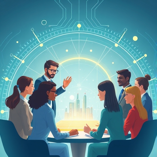 An illustration of a diverse group of business professionals collaborating around a glowing digital interface, symbolizing transformation and innovation with soft, warm lighting and a color palette of blues and greens