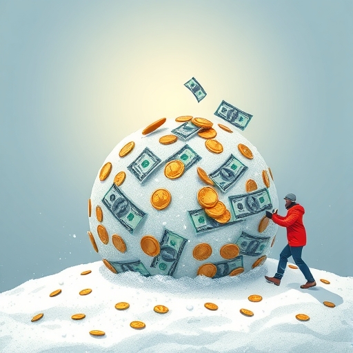 An illustration of a growing snowball made of money coins and stock certificates being gently pushed by a person toward a brighter future symbolizing wealth accumulation through automatic reinvestment