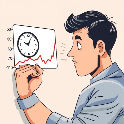 An illustration of a person carefully examining a chart with decreasing time and a diminishing value icon highlighting the concept of time decay in options trading on a muted background