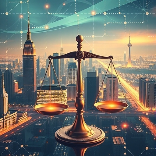 An intricate illustration of a futuristic cityscape with interconnected glowing lines representing blockchain nodes a balanced scale weighing decentralization security and scalability elements in the foreground with a soft ethereal glow