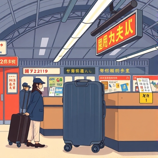 台北車站傳統行李櫃檯親切工作人員遞交安全儲存的大型行李箱插圖，伴隨溫暖標示