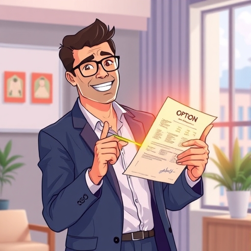 Illustration of a confident investor holding a glowing option contract with abstract representations of rising stock prices and market data in a softly lit room