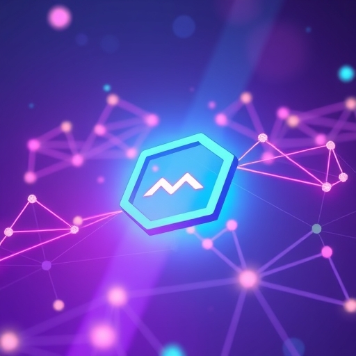 Illustration of a futuristic smart contract icon glowing on a digital blockchain network with abstract geometric shapes in soft pastel colors creating a sense of digital trust and automation in a vibrant scene