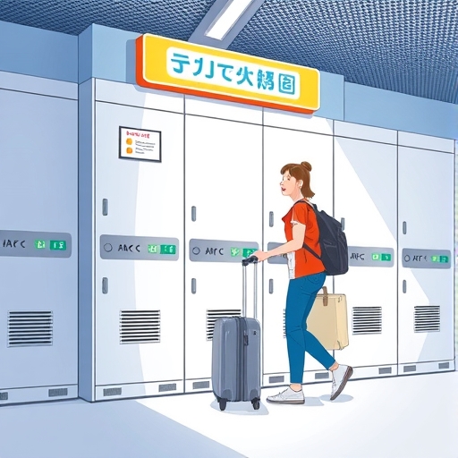 台北車站旅客快樂將行李箱放入現代置物櫃的插圖，充滿明亮燈光與乾淨設計元素