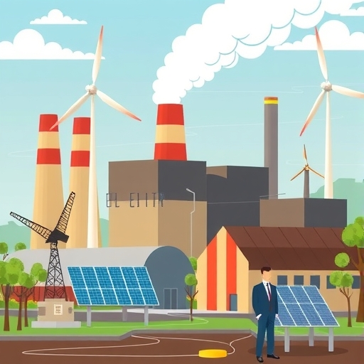 工廠透過風力渦輪與太陽能板釋放潔淨能源的風格化插圖，科學家監測排放，顯示技術解決方案的碳減排