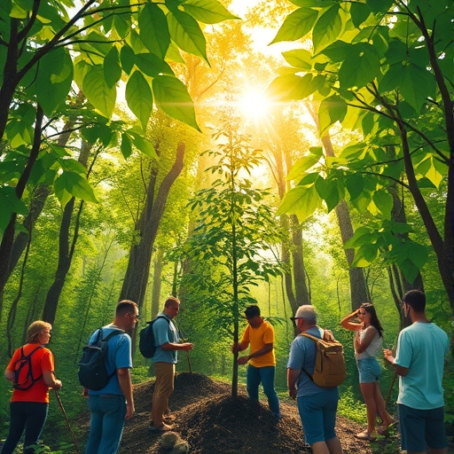 多元族群在茂密森林種樹的生動插圖，陽光穿透葉片，象徵碳移除與基於自然的解決方案
