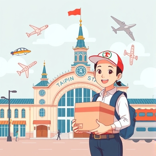 台北車站標誌性建築旁微笑快遞員手持包裹的奇幻插圖，周圍飄浮交通圖示傳達速度與便利
