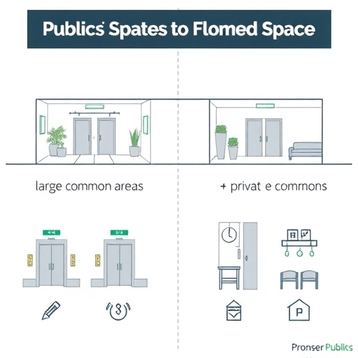 a clear infographic visually comparing two different types of public spaces in a residential building labeled 'large common areas' and 'small private common areas' with icons representing elevators hallways and amenities in a clean minimalist style