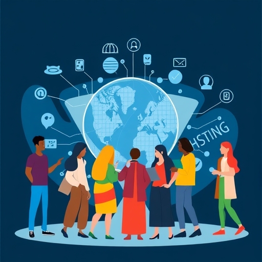 a diverse group of stylized characters collaborating around a digital blueprint representing the collaborative nature of choosing the right website hosting aligned with different business needs and future growth