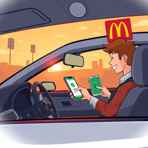 汽車在麥當勞得來速使用 LINE Pay 付錢的動感插圖，背景夕陽溫暖