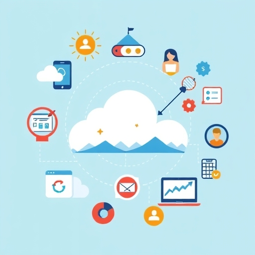不同商務應用如 CRM ERP 與協作工具無縫整合雲端生態的動感插圖,明亮色彩現代設計