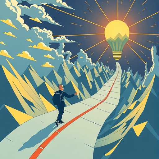a metaphorical illustration of a person navigating a complex roadmap towards a shining goal representing product strategy and future development