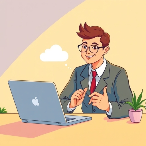 商務人士輕鬆存取雲端軟體的生動插圖,溫暖光線營造歡樂氛圍