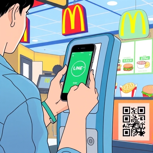 顧客在麥當勞自助點餐機使用 LINE Pay 手機付錢的活力插圖，融入食物圖標與 QR 碼元素