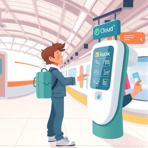 旅客愉快互動未來自助終端機的插圖，象徵雲端網路的易用性和高效服務