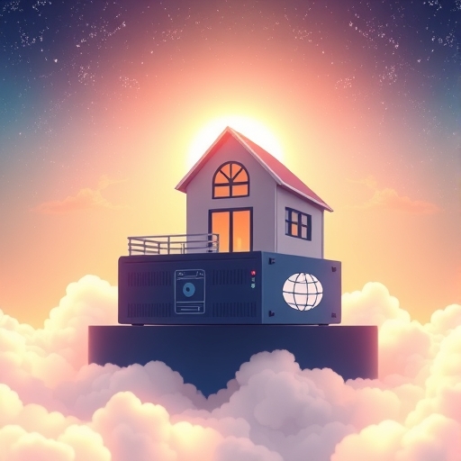 an illustration of a digital house representing a website on a stable server platform bathed in warm light with gentle cloud elements surrounding it representing the vastness of the internet