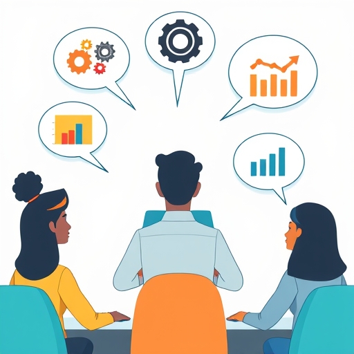 an illustration of a person coordinating diverse teams with thought bubbles showing different professional symbols like gears and charts in a collaborative setting