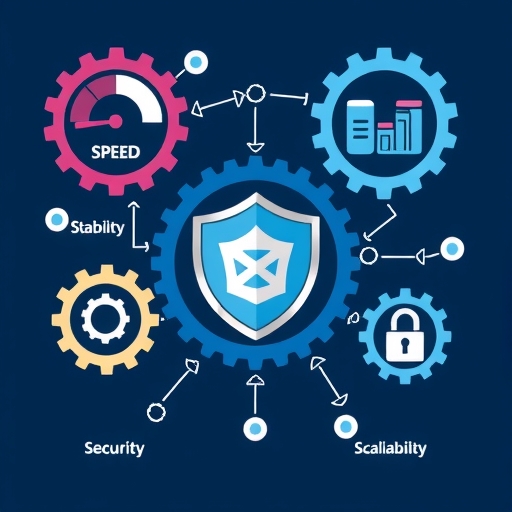 展示網站效能關鍵因素如速度、穩定、安全和可擴展性的插圖，以互聯齒輪、資料圖表和盾牌標誌視覺化，呈現技術卻易懂的美學