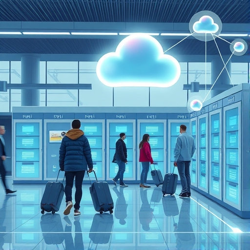 現代雲端網路環境中人們存取虛擬資源的插圖，顯示雲端連接圖示和抽象網路模式