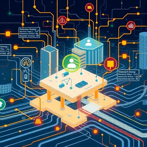 artistic illustration depicting interconnected sensors and data streams flowing within a schematic of a smart building highlighting automation and optimization