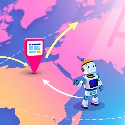 數位地圖插圖顯示網站圖示與搜尋引擎機器人探索路徑,從舊位置指向新位置,使用鮮豔色彩強調搜尋流程