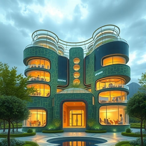 illustration of a futuristic smart building with glowing circuits and integrated green spaces representing technology and nature in harmony