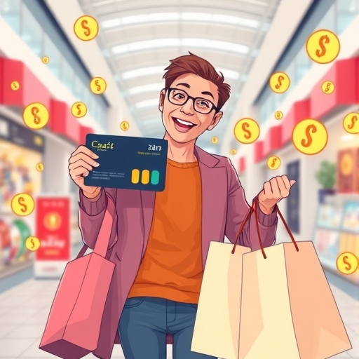 illustration of a happy shopper holding a loyalty card surrounded by glowing points and shopping bags in a bright modern mall setting