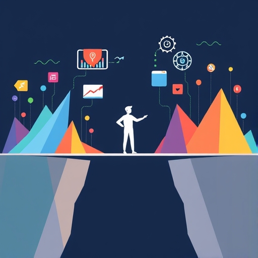 illustration of a person bridging a gap between market trends and technology with colorful abstract shapes representing ideas and data