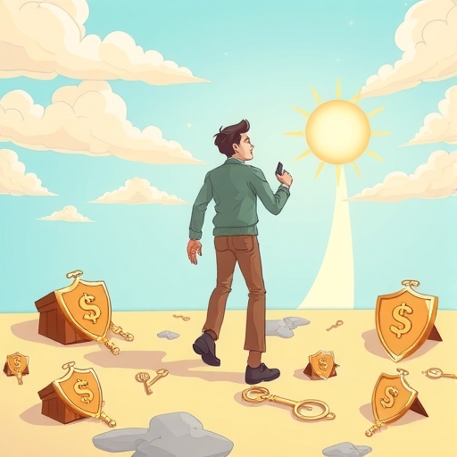 illustration of a person confidently walking towards a shining, clear path marked with shields and keys after successfully avoiding scattered traps and pitfalls symbolizing financial safety and clarity in a bright and optimistic cartoon style