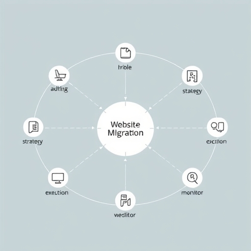 網站遷移規劃圖表插圖,顯示審核、策略、執行與監測階段,各階段以圖示連結,呈現無縫流程的簡約風格