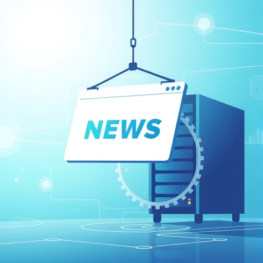 網站從一個伺服器小心遷移到另一個伺服器的插圖,顯示齒輪與資料流,背景為藍綠漸層與網路線條,強調精準技術