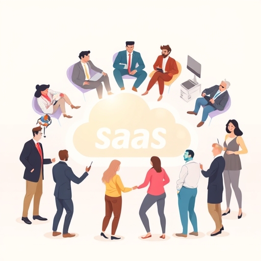 多元商務人士圍繞雲端介面協作的插圖,代表 SaaS 解決方案,柔和色調溫和照明