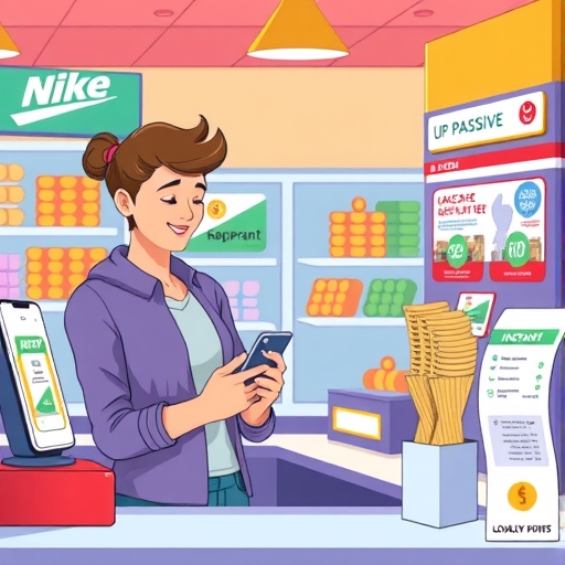 illustration showing a person happily using a mobile payment app on their phone at a convenience store counter with various utility bills on the side receiving instant cash back notifications and loyalty points in a bright energetic style