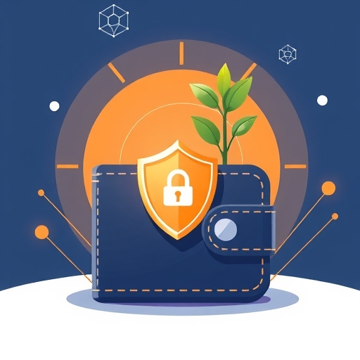 stylized illustration of a secure digital wallet with a shield icon and a growing plant symbolizing financial growth and safety the background features subtle network patterns and abstract shapes suggesting technology and security a warm inviting glow radiating from the wallet