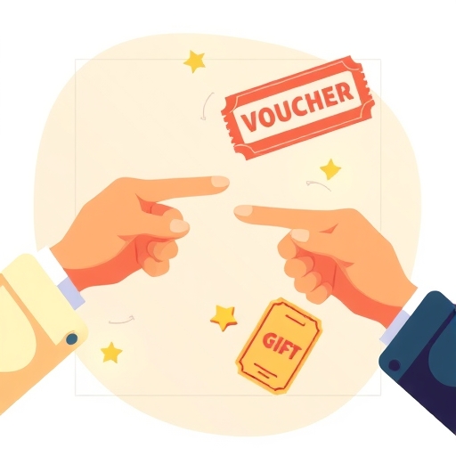 stylized illustration of hands exchanging points for various items like gift vouchers and movie tickets with a soft warm glow