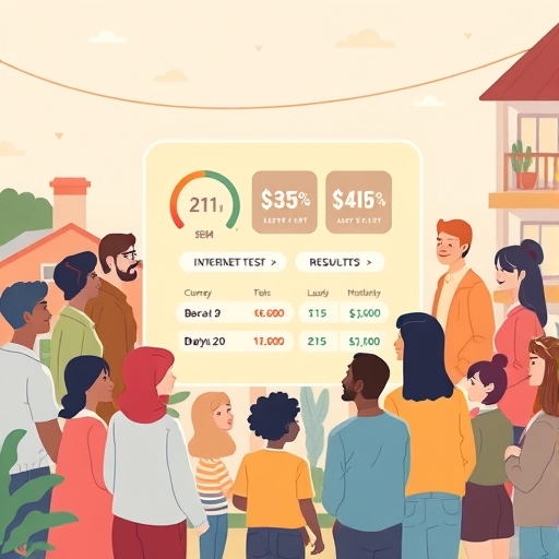 多元群體圍繞網路速度測試與費用比較全息投影的溫馨插圖，強調中嘉寬頻與中華電信的親民比較