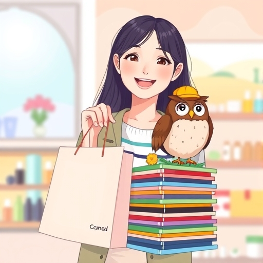 年輕女子開心拿著康是美化妝品購物袋的插圖，搭配信用卡優惠與友善貓頭鷹象徵財務回饋