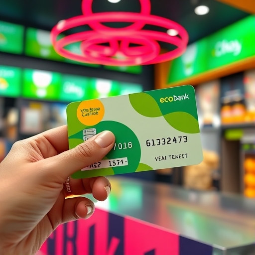 A close up illustration of a dbs bank eco card being used to digitally redeem movie tickets and snacks at a vie show cinema counter with vibrant colors and a focus on sustainable elements