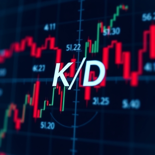 A close-up illustration of a financial chart displaying intersecting lines representing K and D values of the KD indicator against a subtle backdrop of currency symbols and trading graphs a clean and modern aesthetic