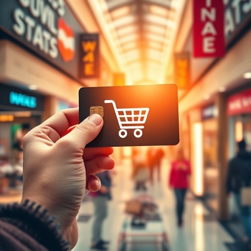 手持信用卡近拍，購物車圖示疊加在動感購物中心背景，適合華泰名品城信用卡優惠