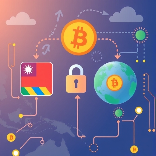 A conceptual illustration depicting a secure digital transfer of cryptocurrency from a local Taiwanese exchange to an international platform