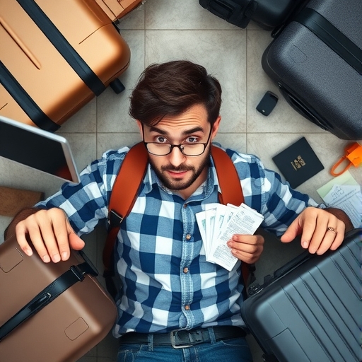 好奇旅客檢視聚碳酸酯與 ABS 材質行李箱，周圍散落護照與登機證等旅行配件