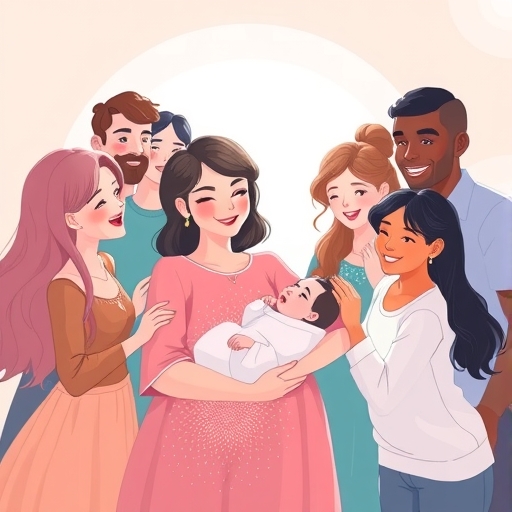 一群好友圍繞喜悅的父母與新生兒，溫暖慶祝新生兒到來