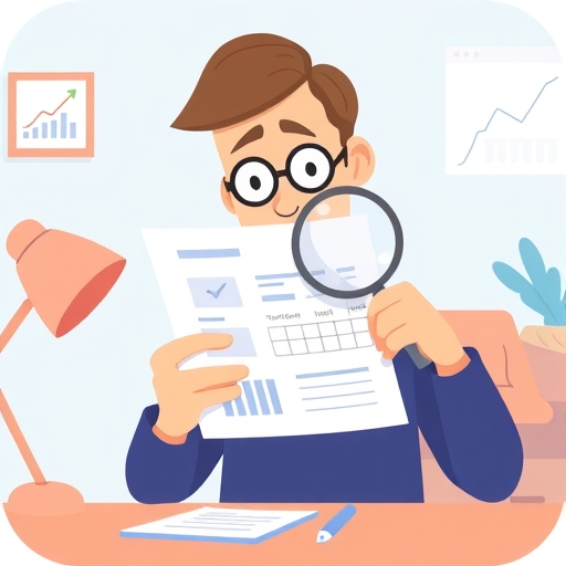 A playful illustration of a person thoughtfully examining a credit report document with a magnifying glass in a calm and focused atmosphere with soft diffused lighting